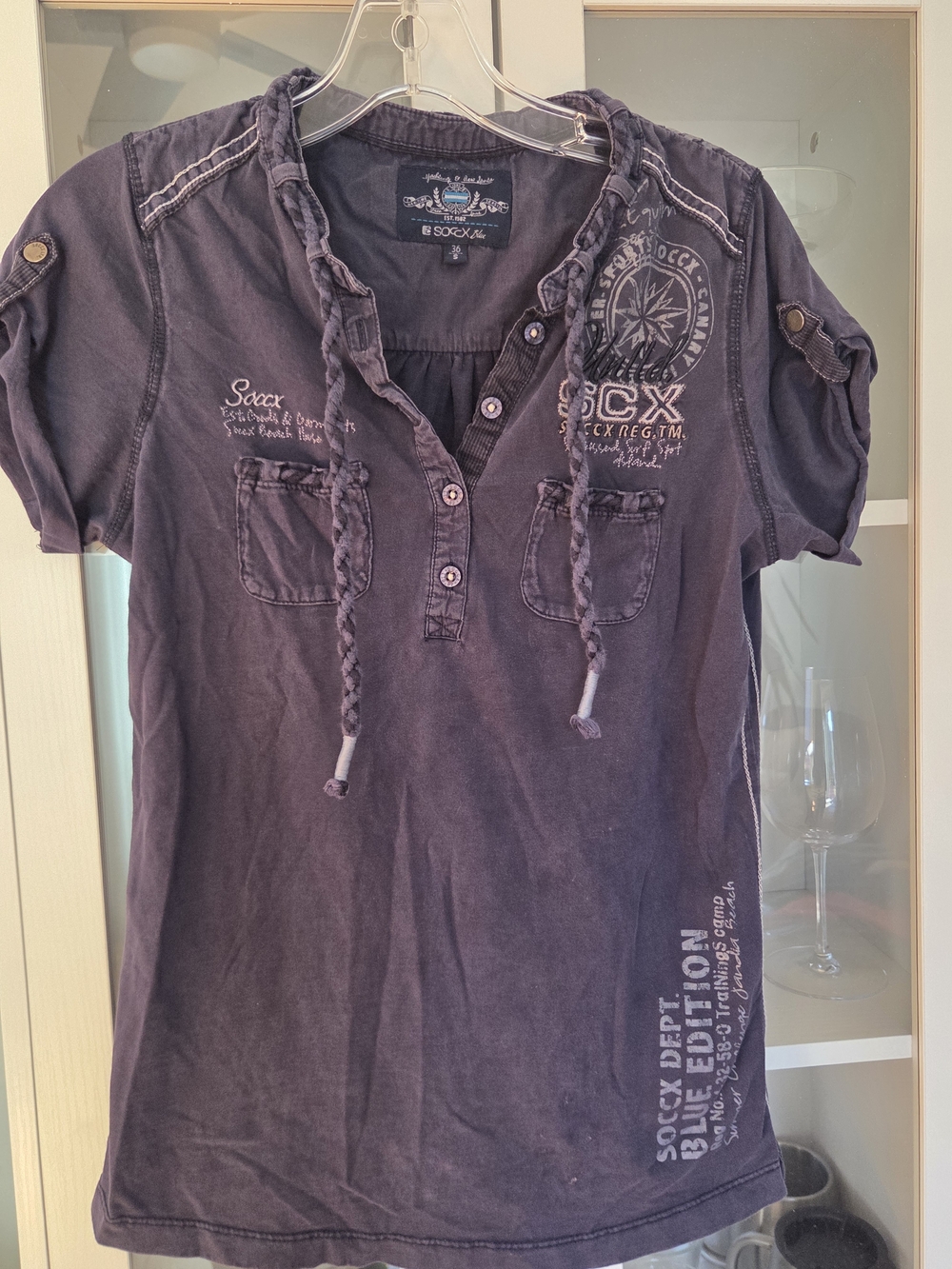 Women's Short-Sleeve Braided Henley Top in Deep Purple